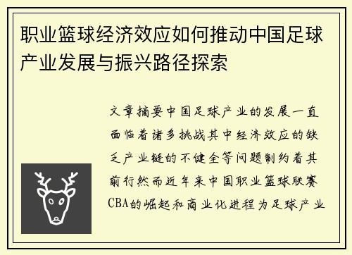 职业篮球经济效应如何推动中国足球产业发展与振兴路径探索