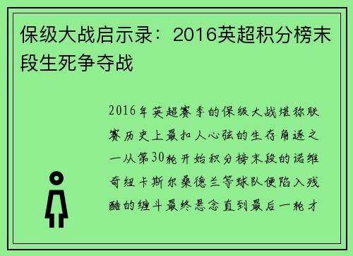 保级大战启示录：2016英超积分榜末段生死争夺战