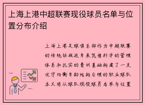 上海上港中超联赛现役球员名单与位置分布介绍