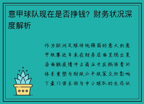 意甲球队现在是否挣钱？财务状况深度解析