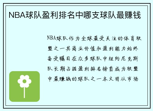 NBA球队盈利排名中哪支球队最赚钱